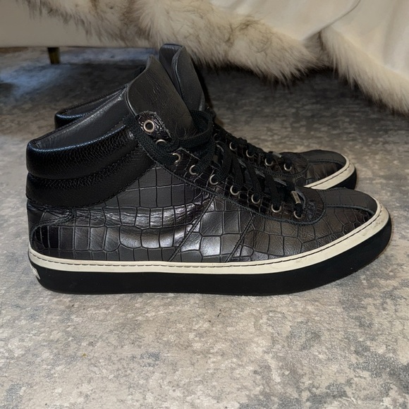 Jimmy Choo Belgravia Black Croc Embossed Leather High Top Sneakers Size EU 48 - Picture 3 of 11